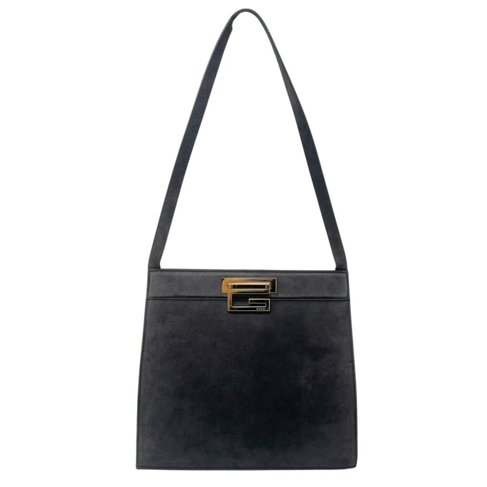 GUCCI Vintage G Square Logo Shoulder Bag Handbag Black Gold Suede [105633] - Picture 5 of 13